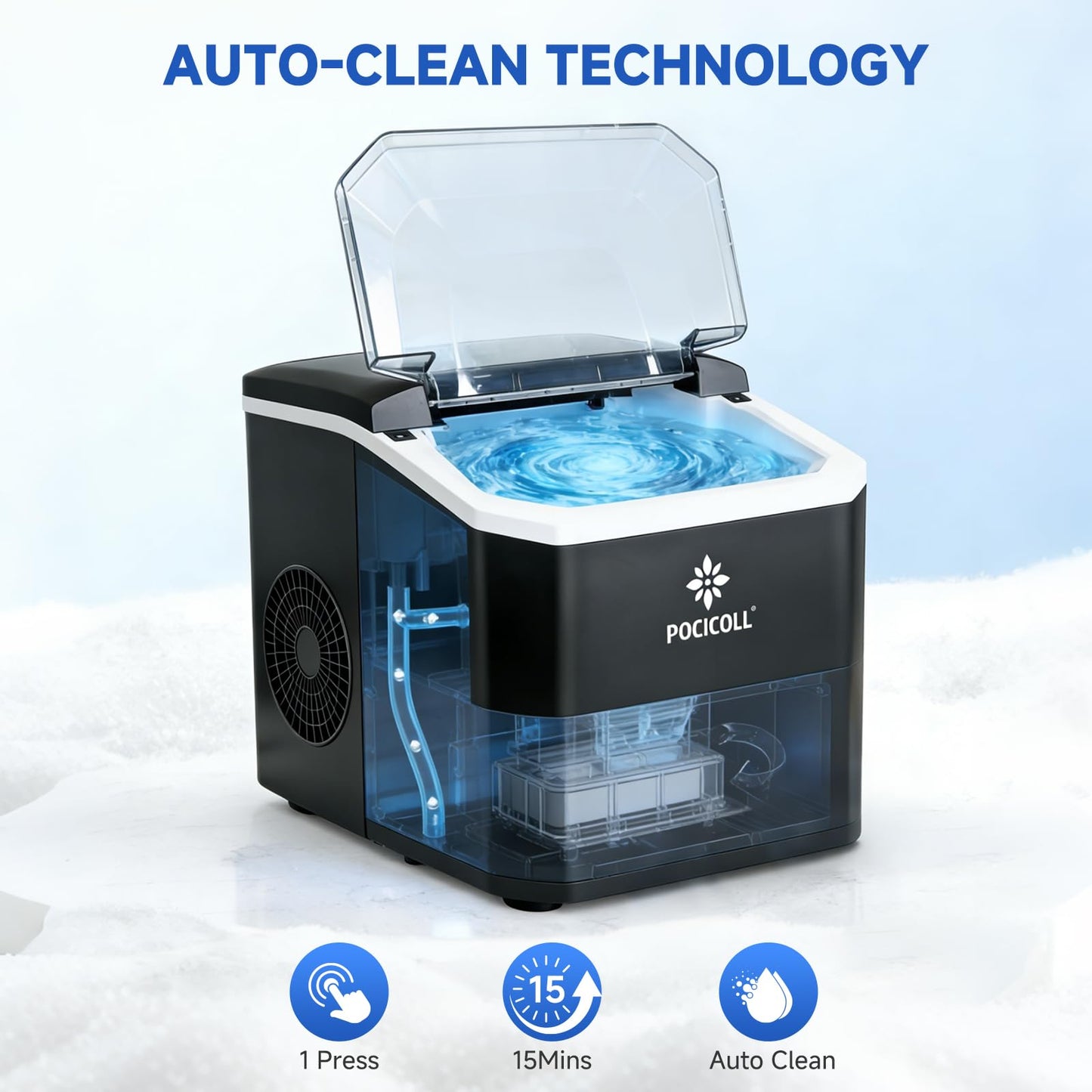 Pocicoll Countertop Ice Maker Machine, 26lbs in 24Hrs, 9 Ice Cubes Ready in 8 Mins, Auto-Cleaning Portable Ice Maker with Basket and Scoop, for Home/Kitchen/Camping/RV (Black)