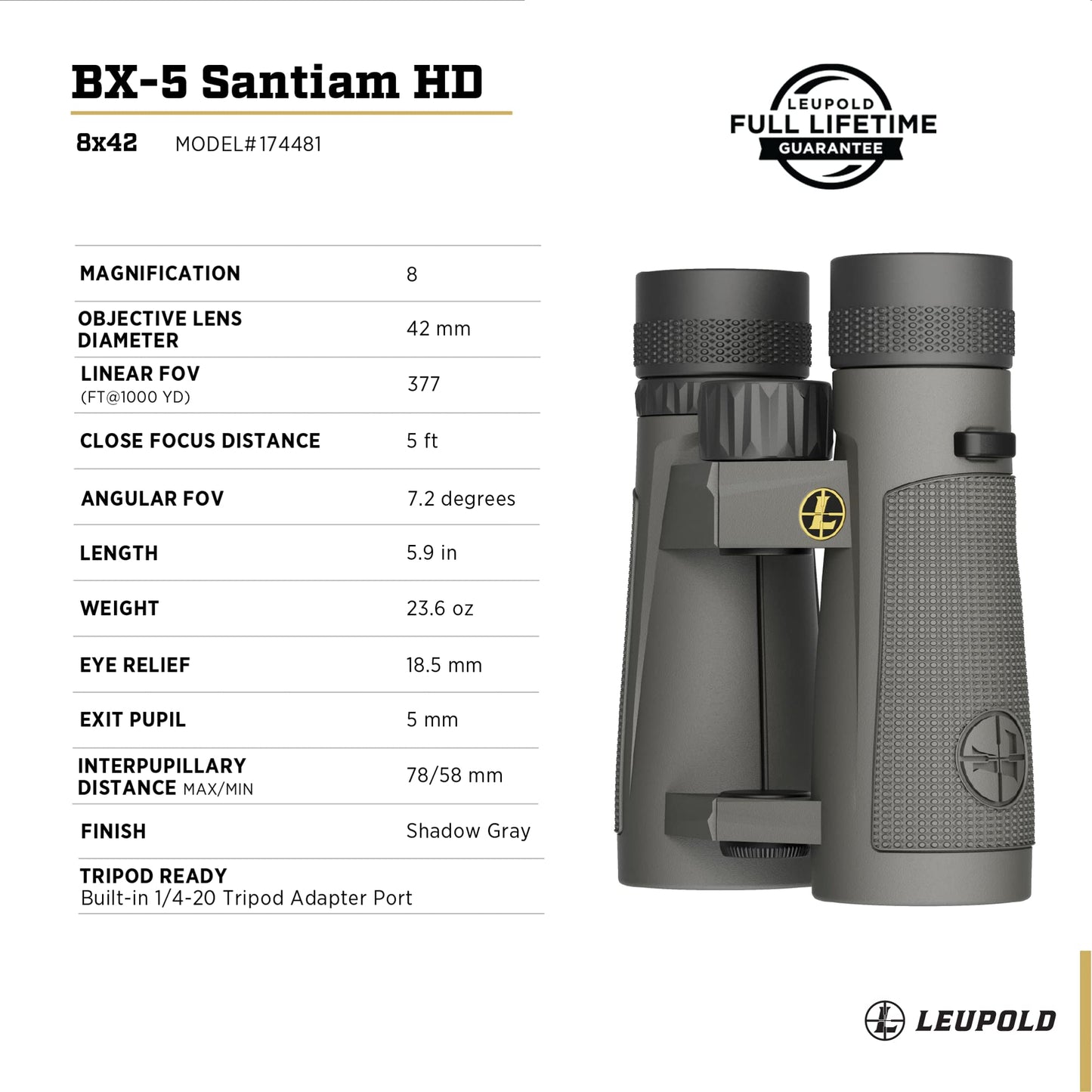 Leupold BX-5 Santiam HD Binoculars, 8x42mm (174481)