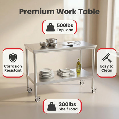 FITHOW Stainless Steel Pulley Workbench with Casters, 20 * 40 inches Commercial Heavy-Duty Workbench and Prep Table with Lower Shelf, Suitable for Restaurant Kitchens, Outdoor barbecues and garages