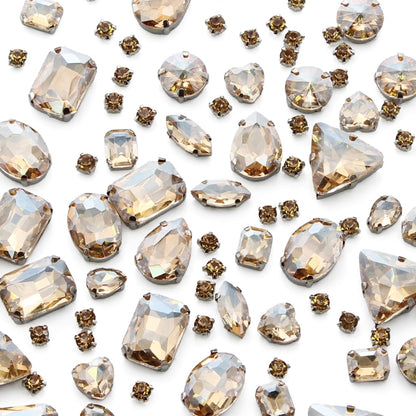TANOSII Sew on Rhinestones 100 PCS Mixed Shapes Glass Rhinestones Sew on Crystal Gems Mental Flatback with Silver Claw for Jewelry Crafts Clothes Shoes Costume Garment Champagne