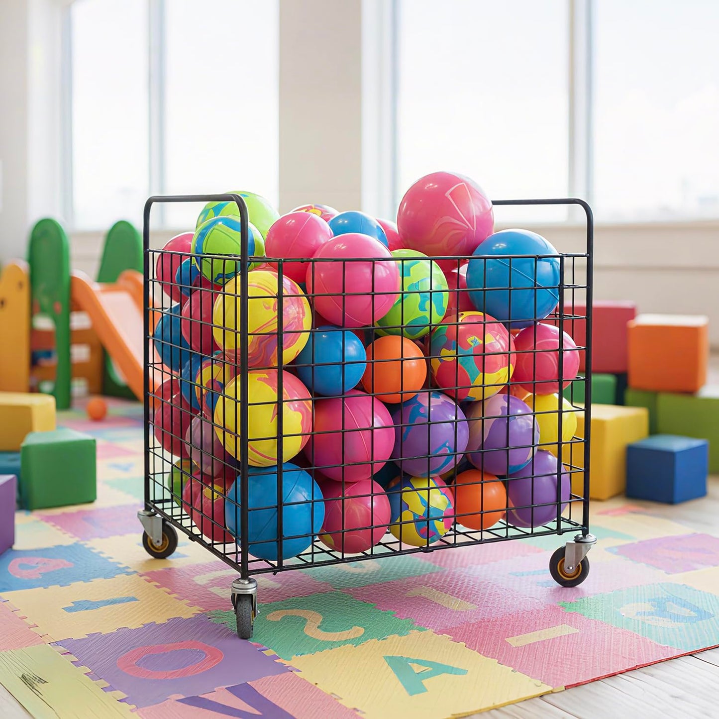 MyGift Ball Storage, Basketball Holder, Professional Gym Metal Multi Sports Ball Cart with Jumbo Industrial Wheels, Commercial Grade Portable Equipment Locker Cage for Football, Soccer, Volleyball