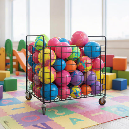 MyGift Ball Storage, Basketball Holder, Professional Gym Metal Multi Sports Ball Cart with Jumbo Industrial Wheels, Commercial Grade Portable Equipment Locker Cage for Football, Soccer, Volleyball