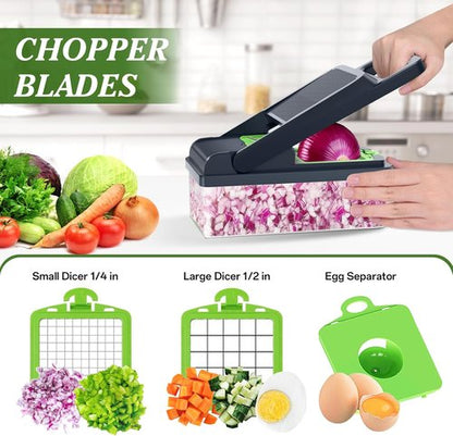 HomeHacks Vegetable Chopper - 12-in-1 Multi-Functional Kitchen Gadget for Dicing, Slicing & Grating | Green