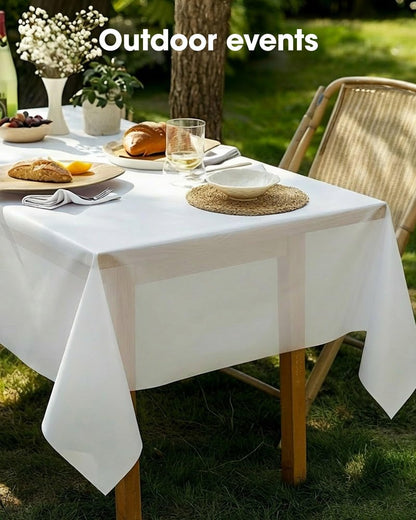 Pureegg Plastic Table Cloth Disposable 10 Pack, 54 x 132 Inch Table Cloths, Party, Picnic, Wedding, Decorative Tablecloths, Rectangle, White Plastic Cover, Leakproof & Sturdy, White