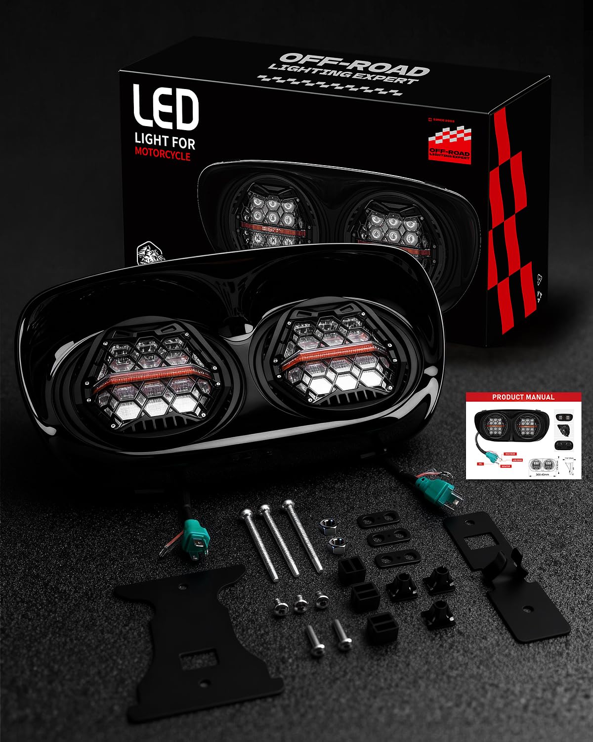 LX-LIGHT DOT Approved 270° LED Dual Headlight with High Low Beam Amber DRL Compatible with Road Glide 2003-2014, Black