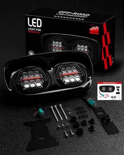 LX-LIGHT DOT Approved 270° LED Dual Headlight with High Low Beam Amber DRL Compatible with Road Glide 2003-2014, Black