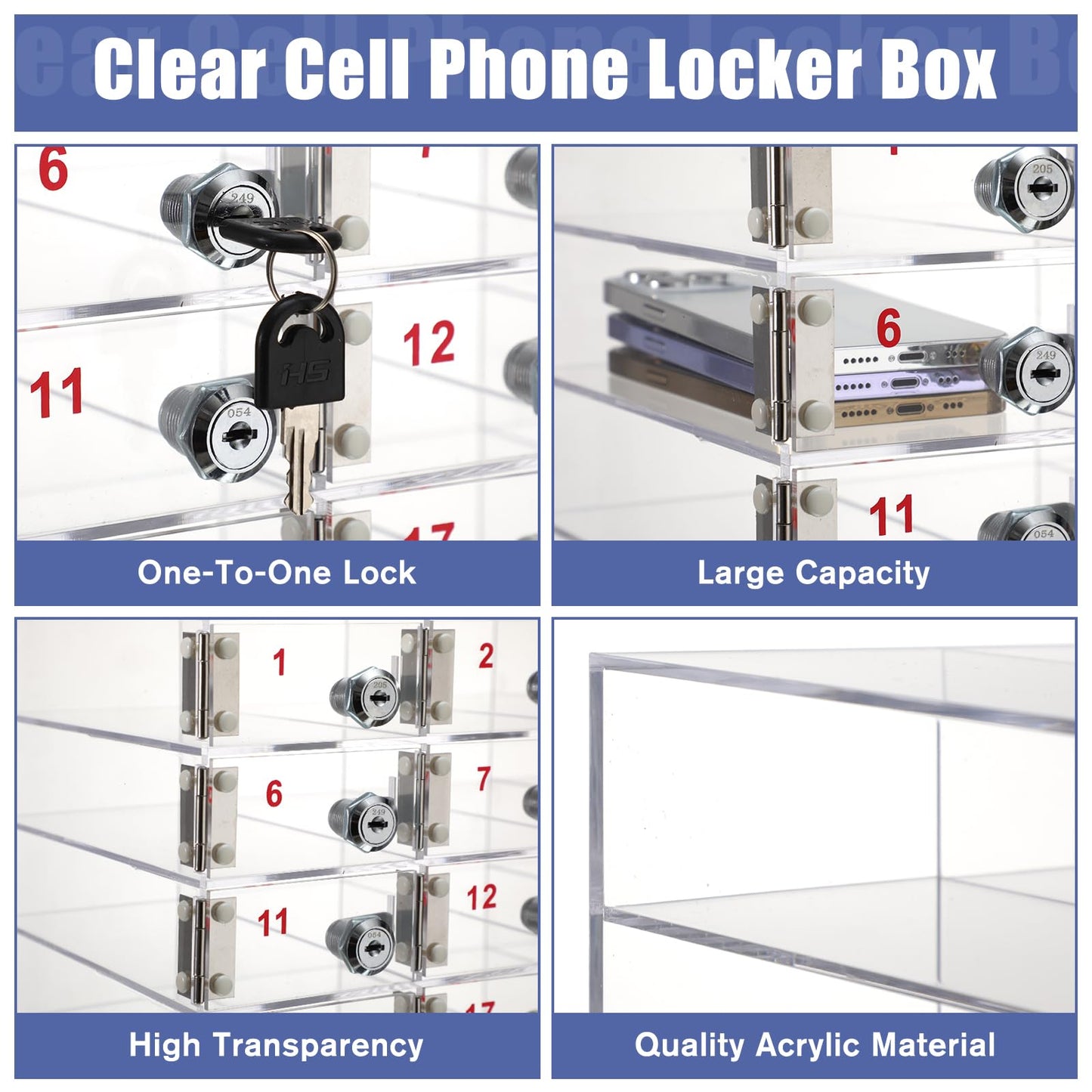 Layhit Clear 40 Slots Cell Phone Locker Box for Classroom Clear Acrylic Cell Phone Storage Cabinet Bin with Door Locks for Classroom School Students Office Factory Employees