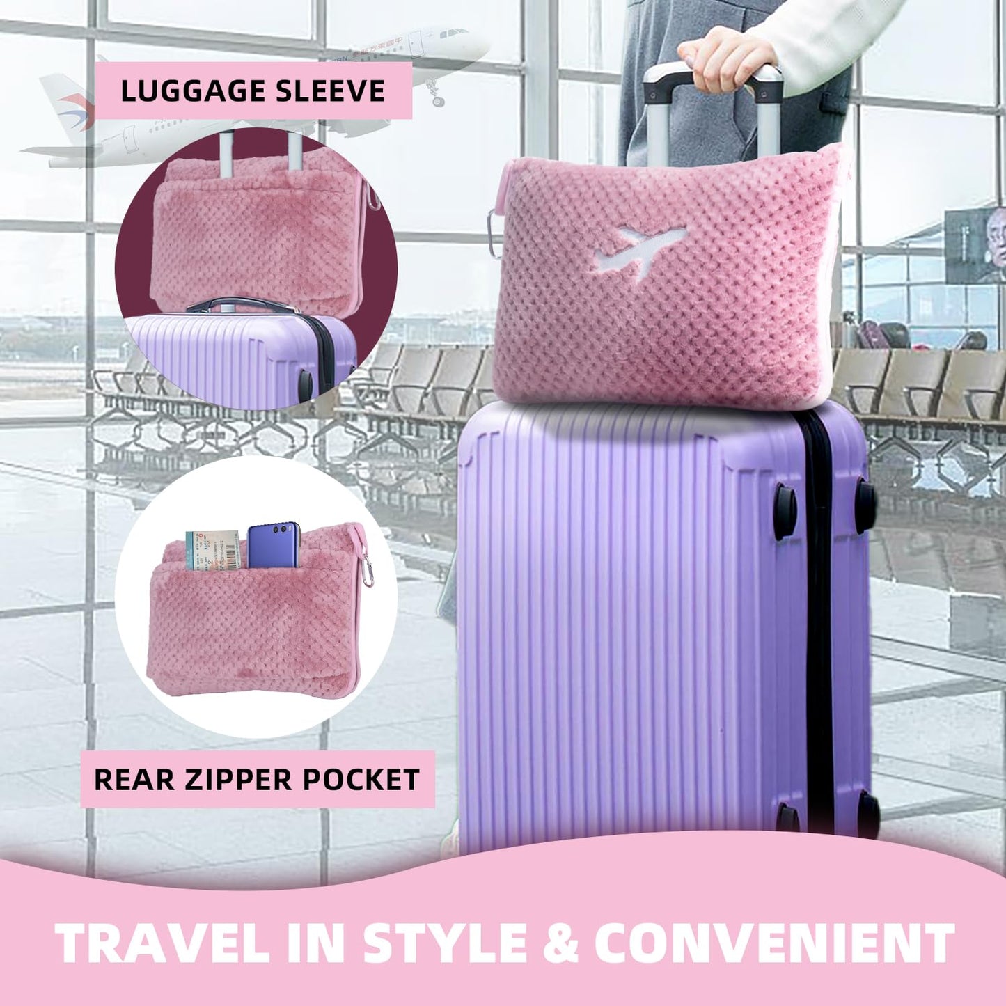 Nenolix 3 in 1 Travel Blanket Pillow Set - 350 GSM Thick Travel Blanket Airplane Compact with Bag, Soft Bag with a Pocket, Inflatable Travel Pillow for Camping & Car Trip (Blush Pink)