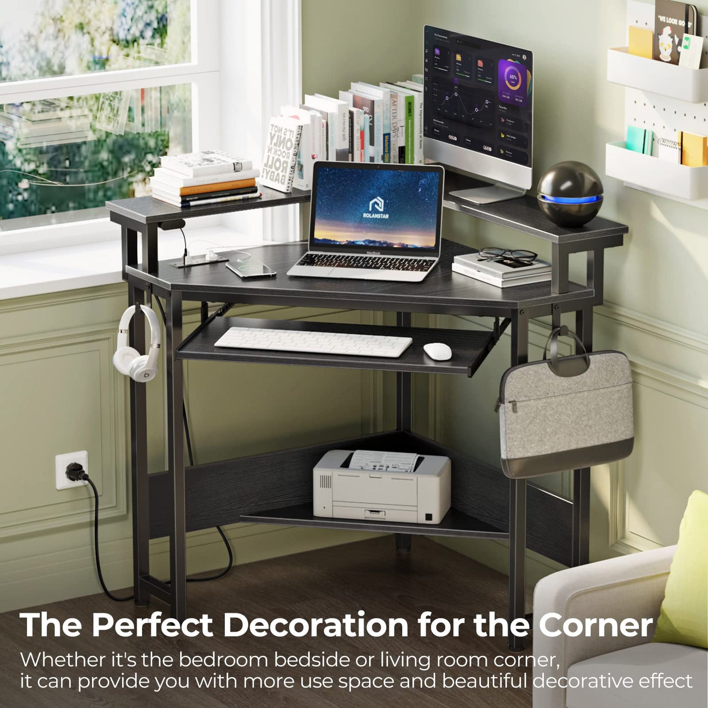 Rolanstar Corner Desk,44.5" W x 34.5" H Small Computer Desk with Power Outlets, Gaming Desk with LED Lights, Triangle Corner Table with Keyboard Tray & Monitor Stand for Small Space, Black