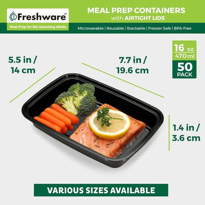 Freshware Meal Prep Containers - 50 Pack BPA-Free Food Storage with Lids | Stackable & Microwave Safe (16 oz)