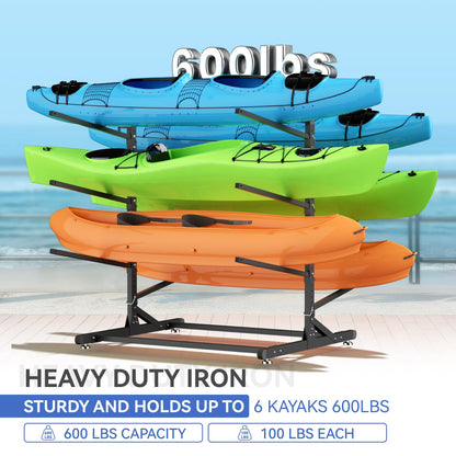 LNEUIE Kayak Storage Rack, Heavy Duty Kayak Rack for Garage, 6 Level Adjustable Kayak Stand Holds Up to 600 lbs for Kayaks, Paddleboards, Surfboards, Indoor Outdoor Kayak Holder(6 Kayaks)