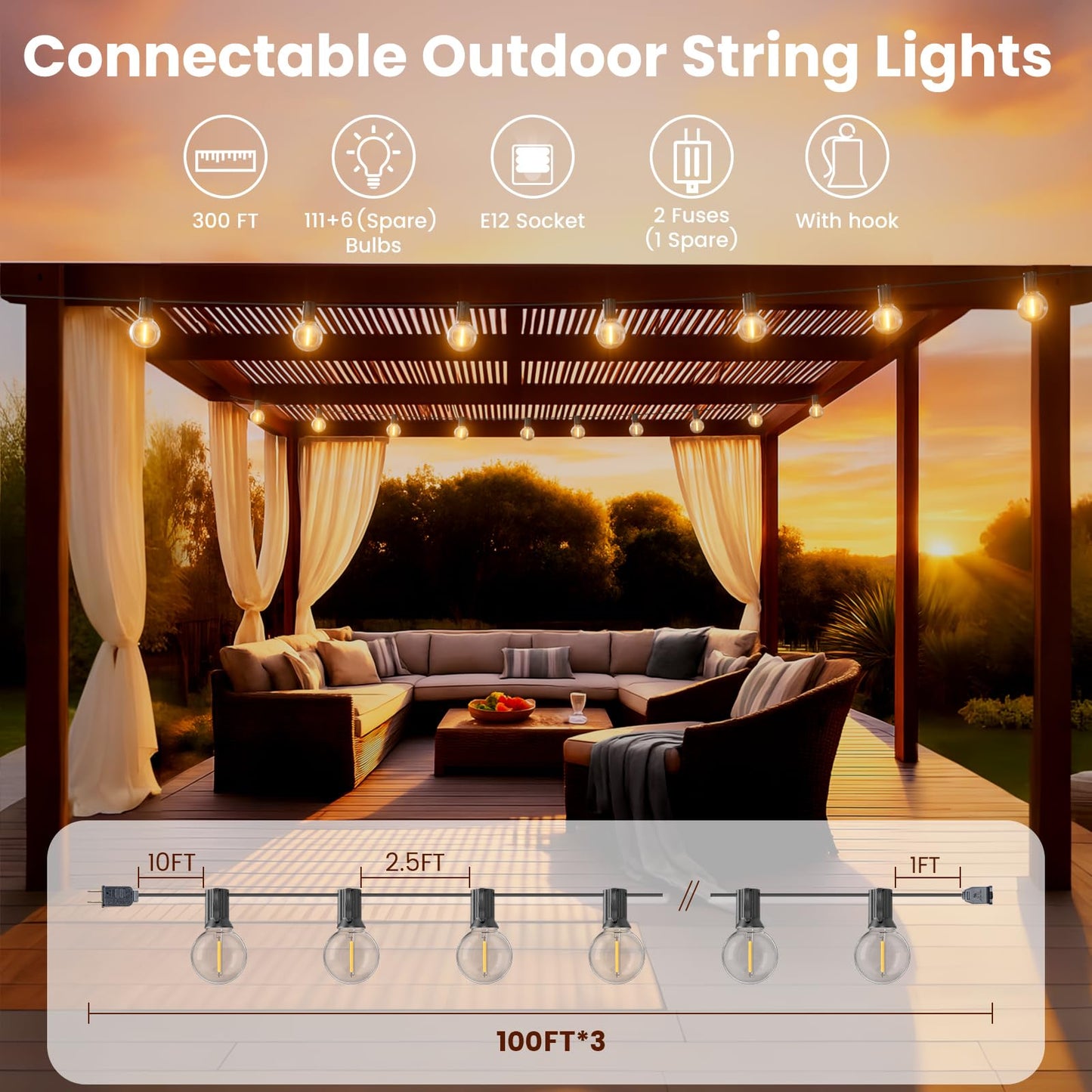 RTTY 300 FT Outdoor String Lights Patio Light for Outside, Waterproof G40 Shatterproof LED Bulbs, Dimmable Hanging Connectable Globe Lighting for Bistro, Backyard, Cafe, Porch, Balcony, Market, 2700K
