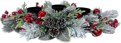 Svndlyn Christmas Candle Holder - 3 Candle Holders with Snow Flocked Pine Branches & Red Berries | Festive Table Centerpiece
