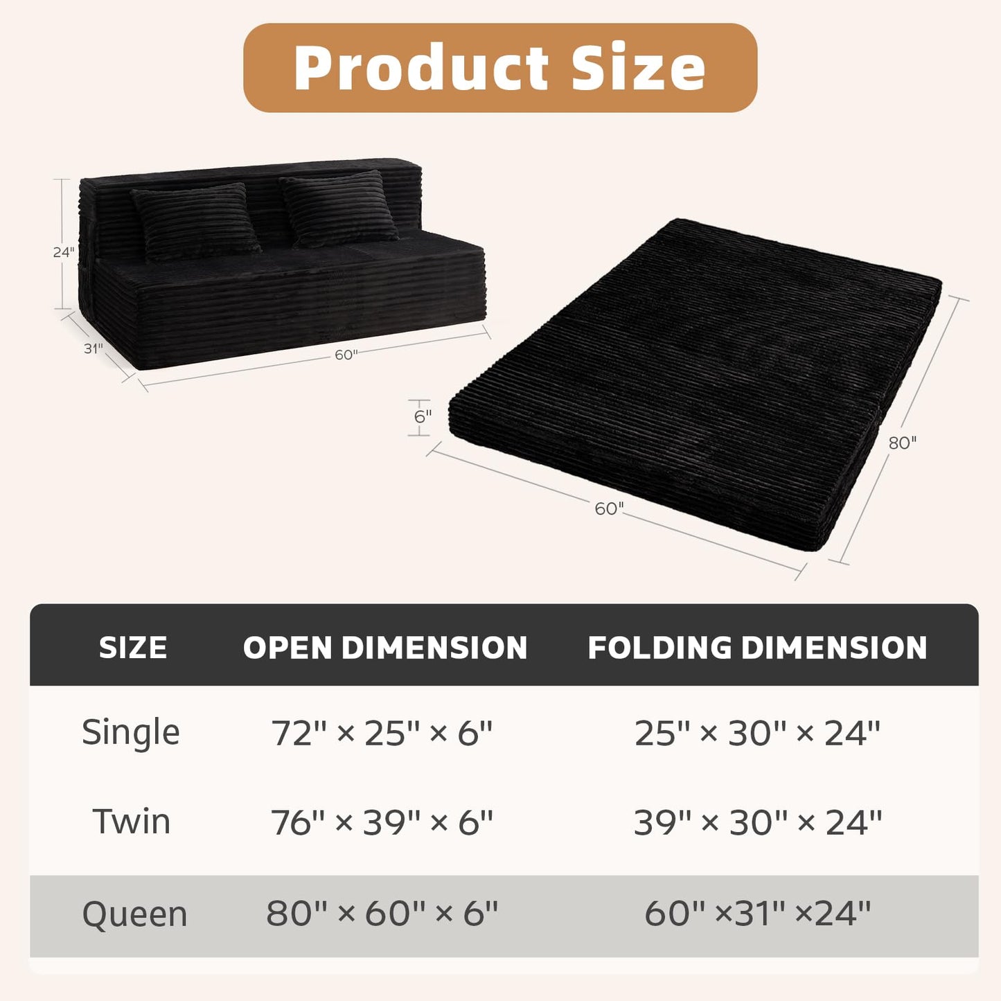 GEMBED Folding Sofa Bed Queen - 4 in 1 Convertible Foldable Sleeper Chair with Pillow, Fold Out Couch, High-Density Foam Floor Mattress, Space-Saving Futon for Living Dorm Guest Room and Office, Black