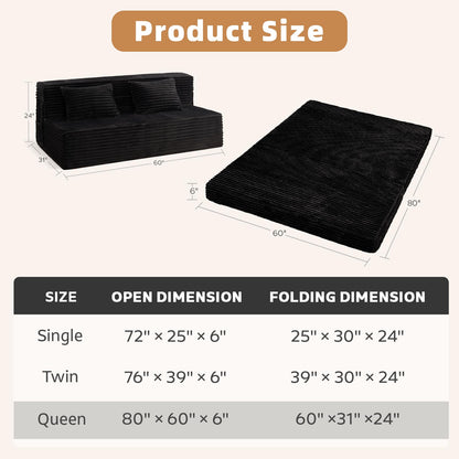 GEMBED Folding Sofa Bed Queen - 4 in 1 Convertible Foldable Sleeper Chair with Pillow, Fold Out Couch, High-Density Foam Floor Mattress, Space-Saving Futon for Living Dorm Guest Room and Office, Black