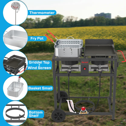 FIRE RIOT 2-in-1 Outdoor Propane Deep Fryer & Griddle Combo, Ideal for Outdoor BBQ, Camping, and Tailgating (2-in-1 Griddle Combo)