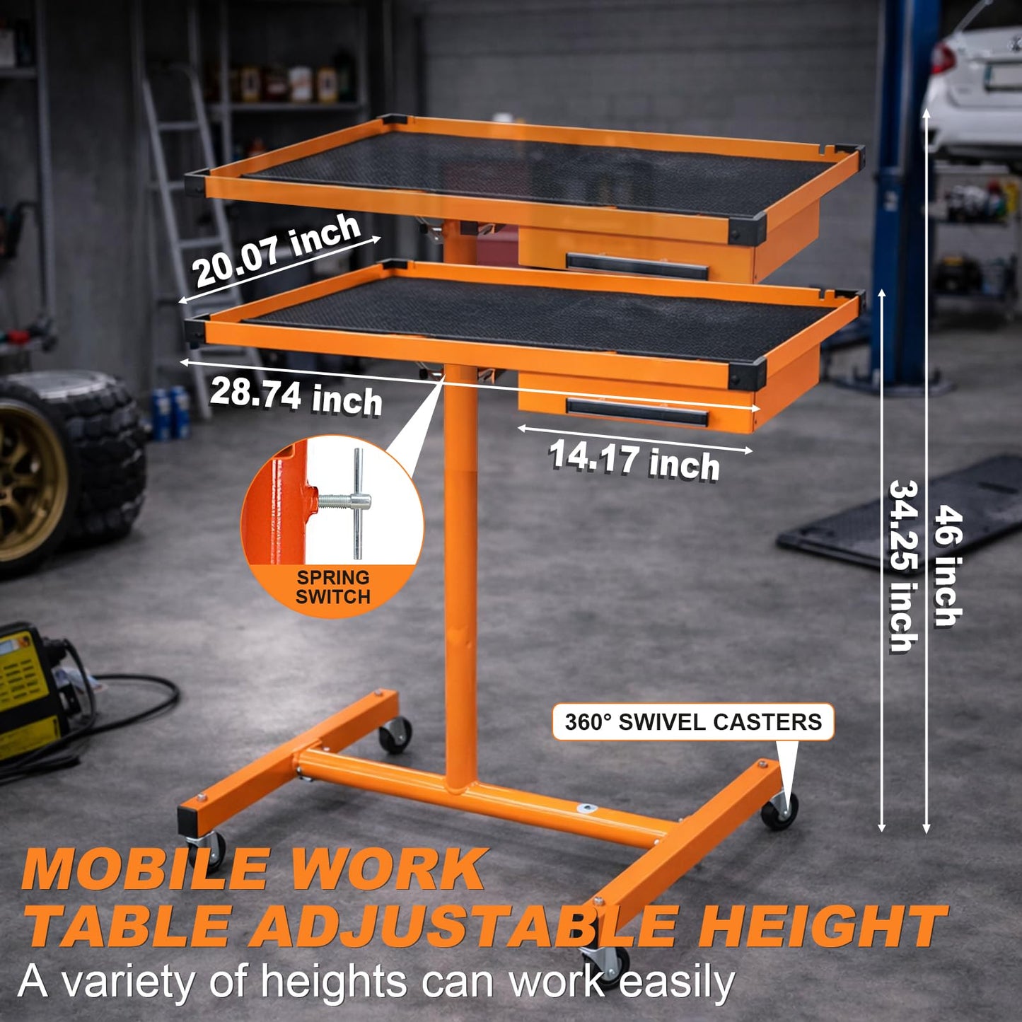 A A IN LT018 Heavy Duty Adjustable Work Table with Drawers, Rolling Tool Tray on Wheels of 220lbs Capacity, Mobile Service Tray for Mechanic