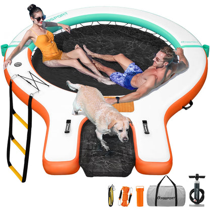 FBSPORT Inflatable Water Hammock Floating Dock with Boat Ramp,Round Floating Ring Inflatable Raft with Cup Holders, Sun Float Chill Tanning Pool Lounger Platform for Lake