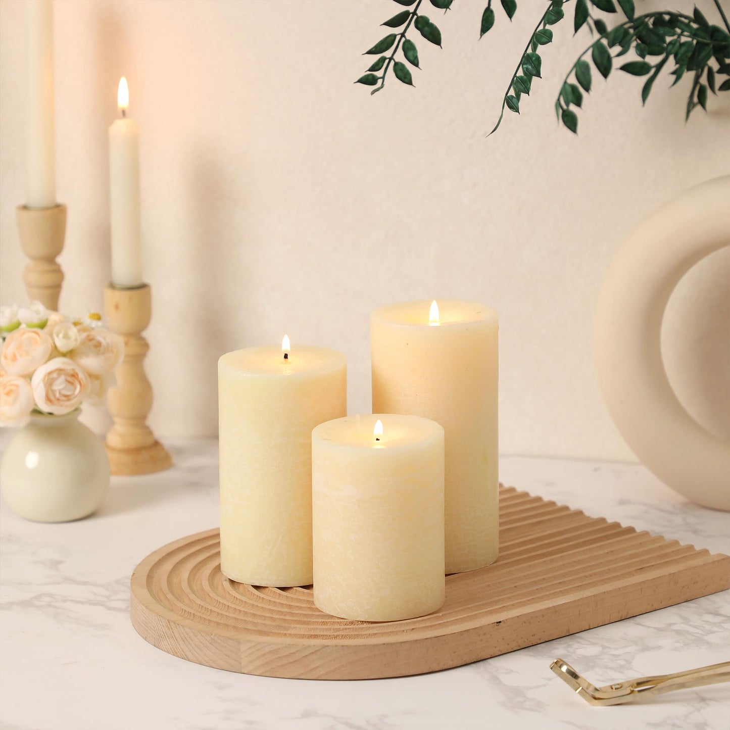 Ivory Pillar Candles Set of 3 - Hand-Poured Unscented Candles,Smokeless Dripless Candles for Dinner Table and Home, Set of 3 in Different Sizes (3"x4", 3"x5", 3"x6")