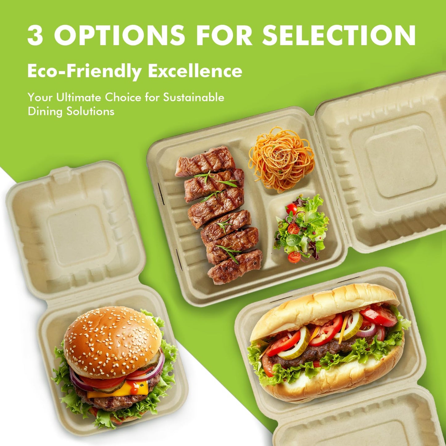 yoyomax [9x9-300Pack] 100% Compostable To Go Food Containers with Lids, 3-Compartment Take Out Clamshell Container, Bio Disposable | Eco Friendly | Heavy-Duty Boxes, Made of Sugarcane Fibers