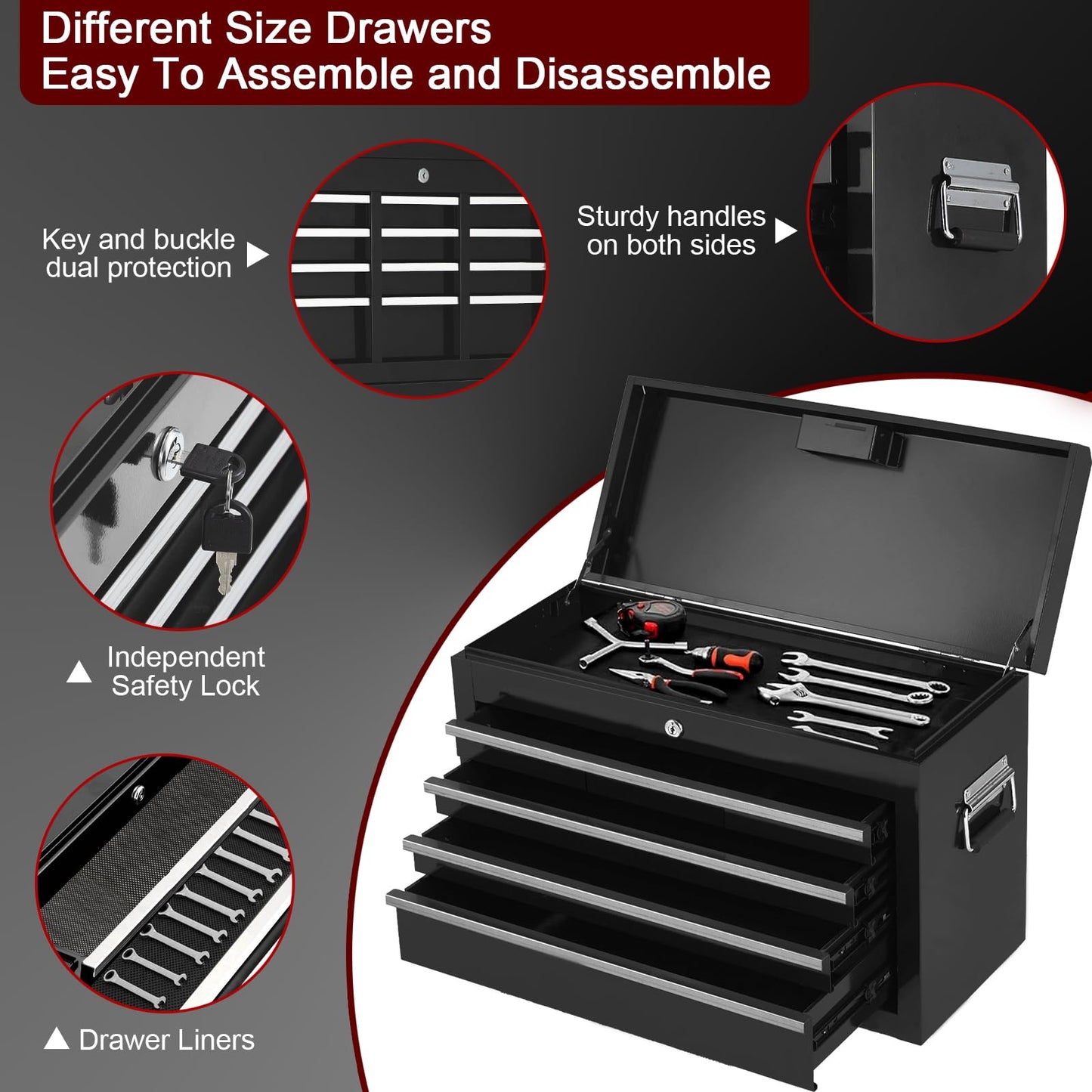 5-Drawer Rolling Tool Chest, 2-in-1 Detachable Top Tool Cabinet with Removable High Capacity Storage, Sliding Drawers, Wheels, Locking System & Liners for Workshop, Mechanics, Garage and Warehouse Use
