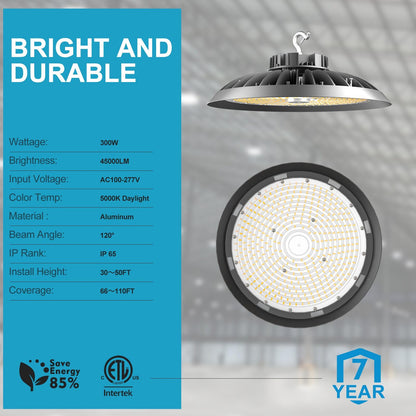 Lightdot 6Pack LED High Bay Light 300W（340x1W） 45000lm (Eqv.1200W MH/HPS) AC100-277V 5000K UFO LED High Bay Shop Light, Commercial Bay Lighting for 30-50FT Height Warehouse, Garage & Barn,Plug & Play