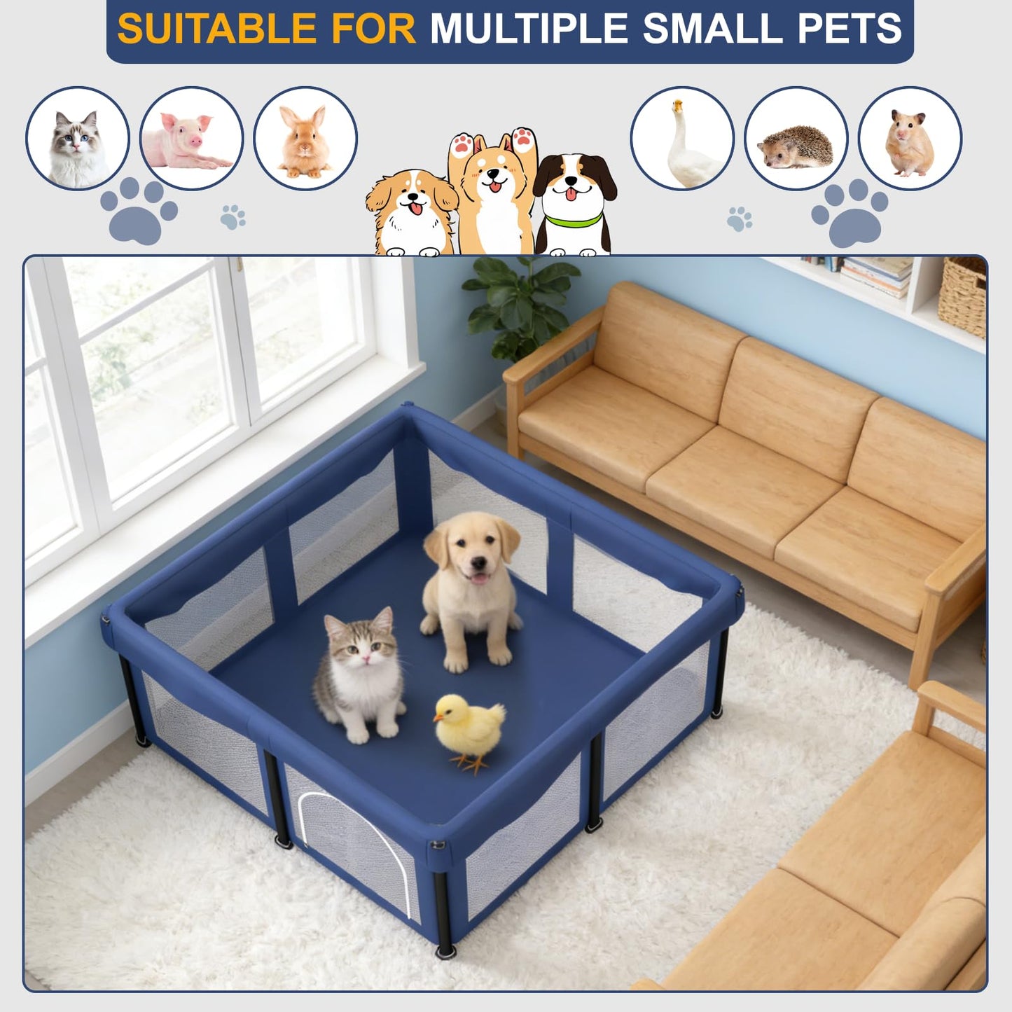 50x50x25.6 Inches Puppy Playpen with Gate, Foldable Dog Playpen for Puppies or Small Dogs, Pet Fence with Thickened Fabric, for Indoor Outdoor (Blue)