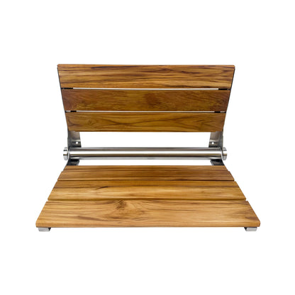 Teak Shower Seat Bench with Back - Wall Mounted Fold Up Shower Seat, Waterproof Folding Teak Bath Chair for Seniors, 304 Stainless Steel, with 300 lbs Capacity - 24" Length, Brushed Stainless Finish
