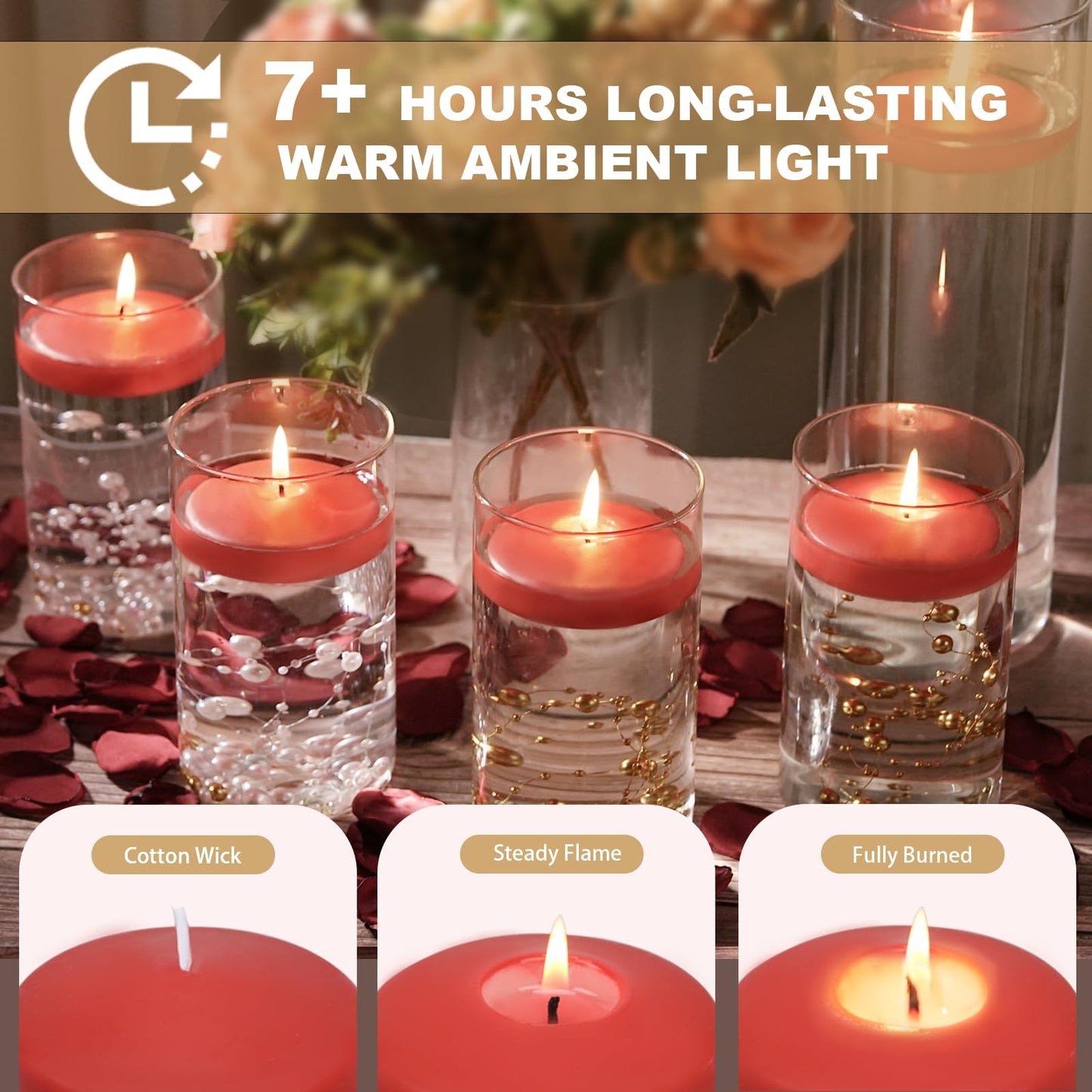 GINITIRI 12 Pack Red Floating Candles 3 inch, Unscented Traditional 3" Floating Candles for Centerpieces,7 Hours Burning, Red Water Candles for Cylinder Vases, Wedding, Party, Pool