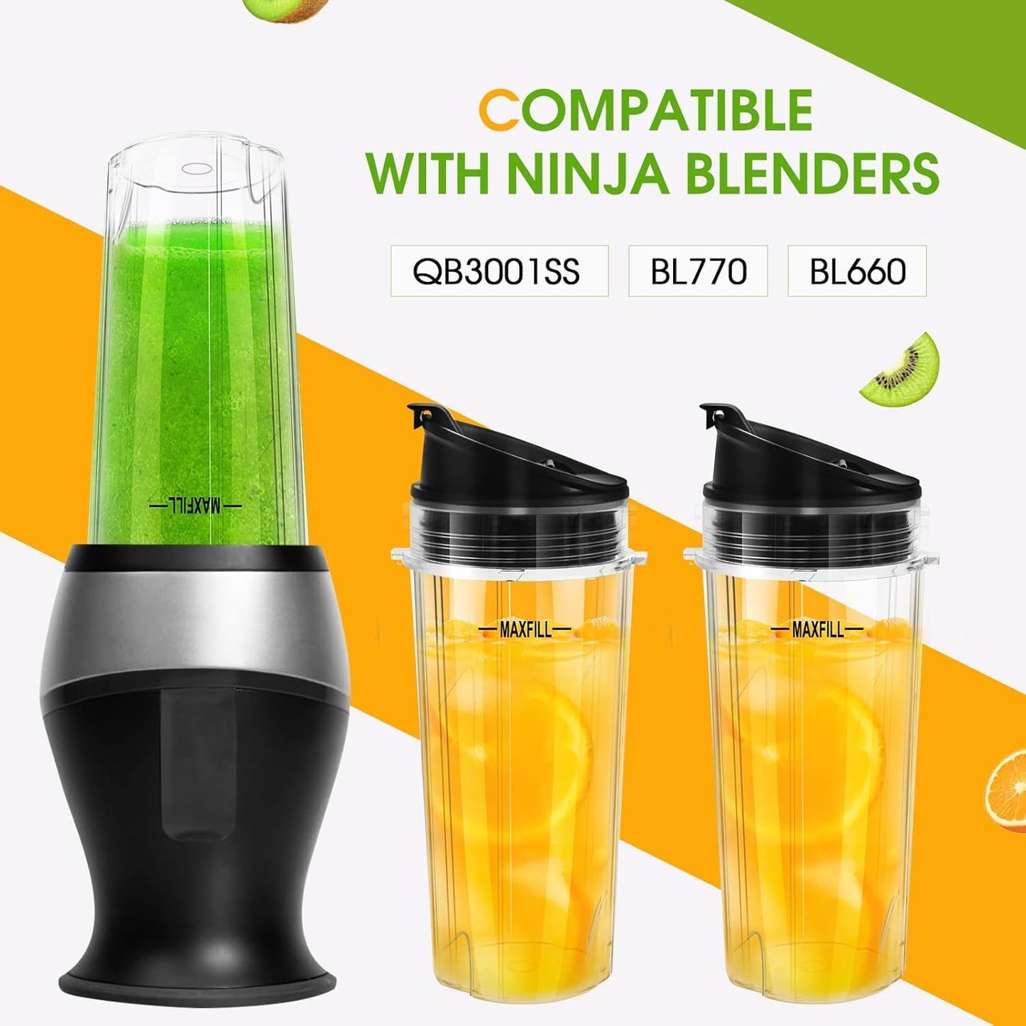 Ninja Blender Cups - 16oz Replacement Cups with Lids | 3-Pack Compatible with QB3001SS, BL770, BL780, BL660, BL740, BL810, Nutri Ninja Series