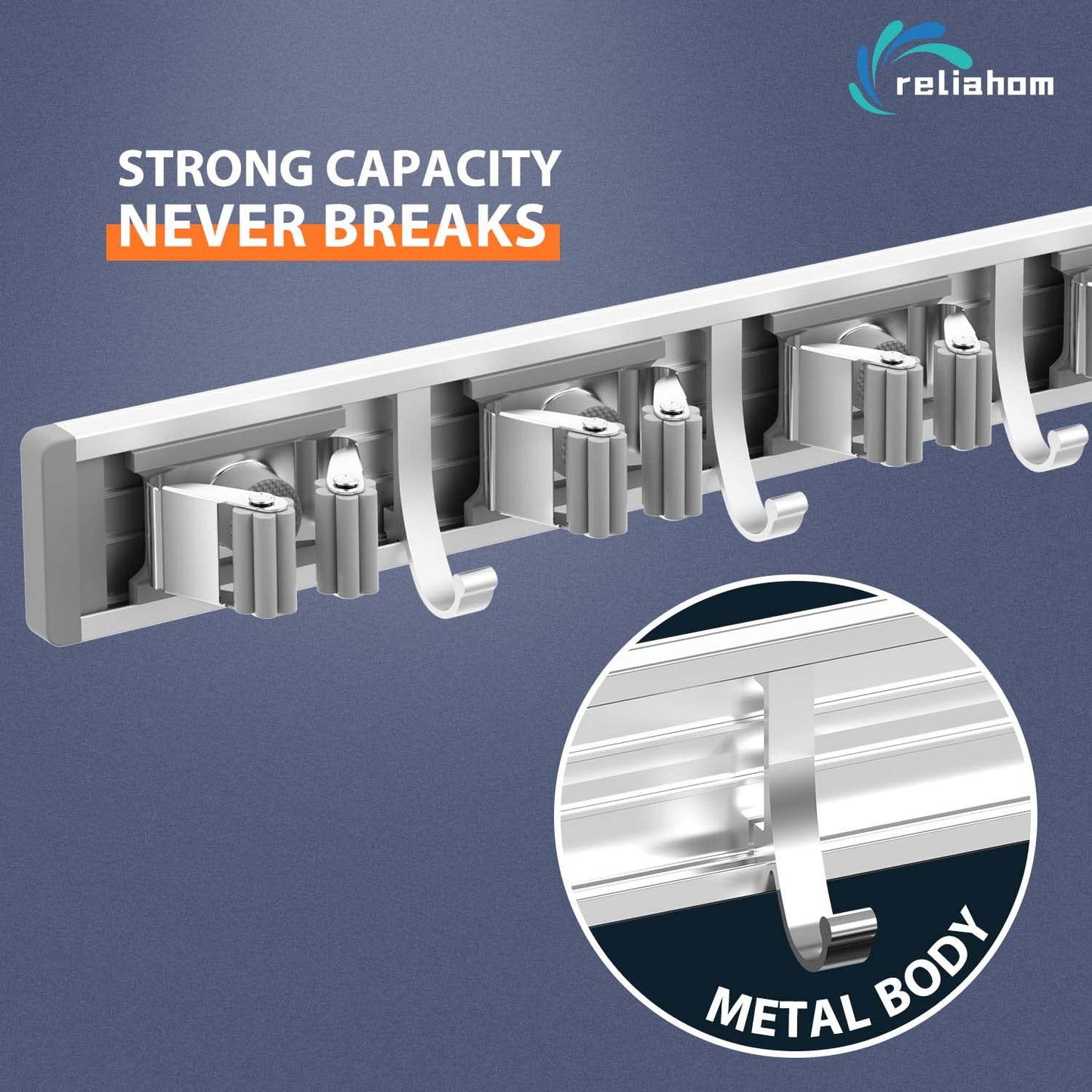 reliahom Broom Holder Wall Mount Mop and Broom Hanger Wall Mounted Garage Storage Rack Kitchen Garden Tool Organizer (4 Racks with 5 Hooks, Silver)