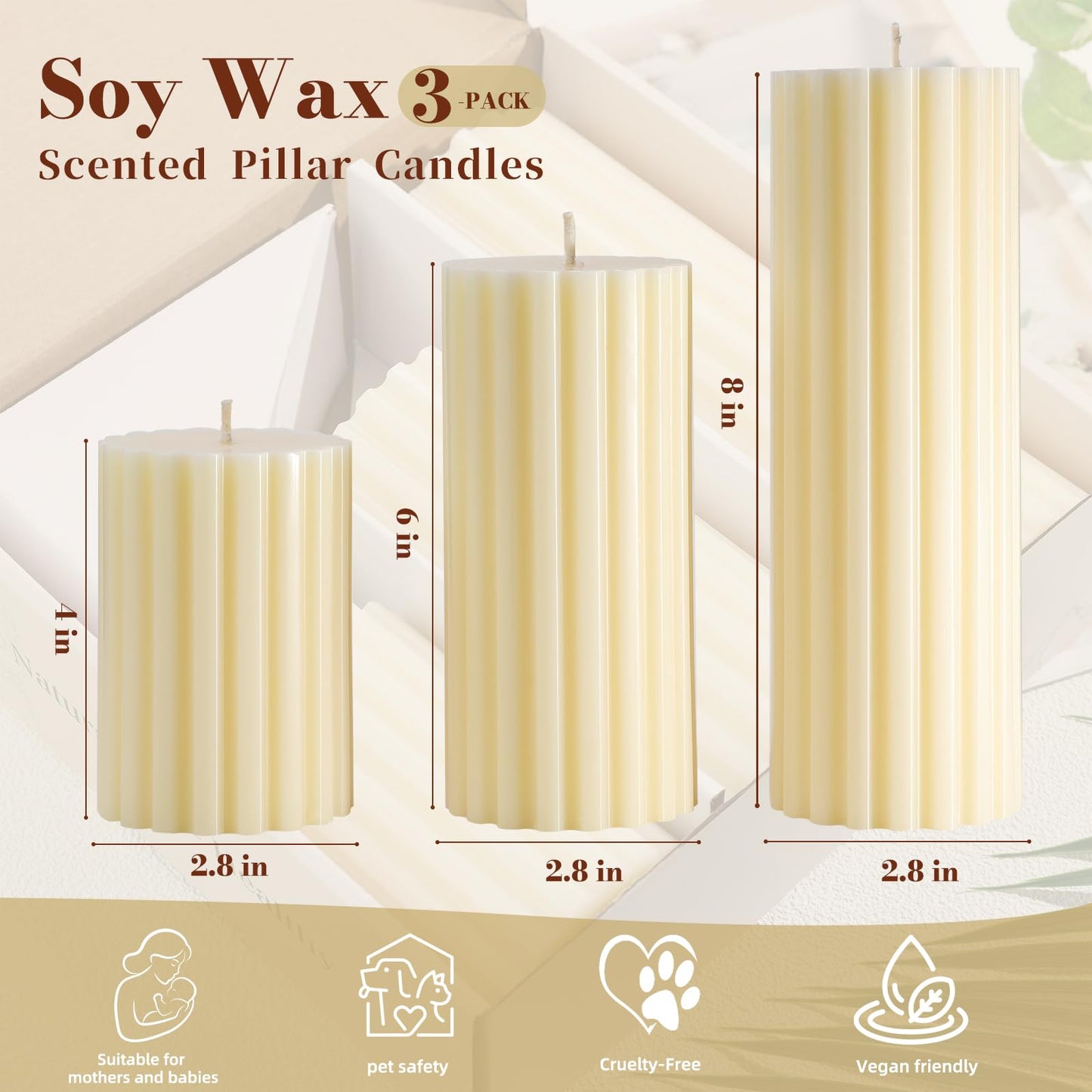 Ribbed Soy Pillar Candles Set of 3, Cashmere Amber Scented, Natural Soy Wax, 266 Hour Long Burning, 2.8x4/6/8 inch Large Pillar Candles for Home Decor, Relaxation, Bathroom, Living Room
