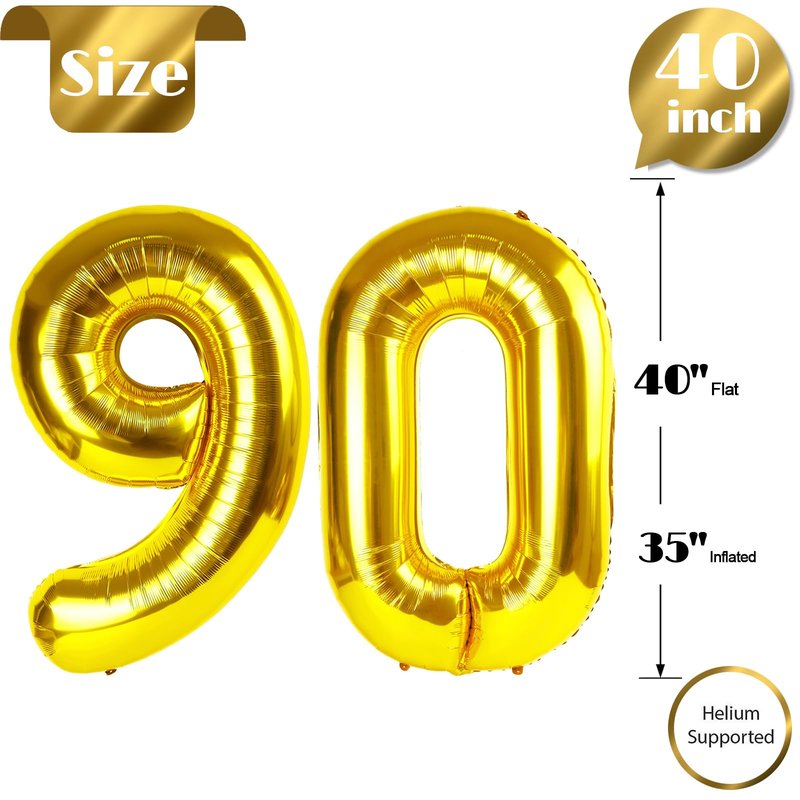 Gold Number 90 Balloon 40 inch, 90 Number Balloons, 90th Gold Birthday Decorations, 90 Year Old Women Men Golden Party Supplies