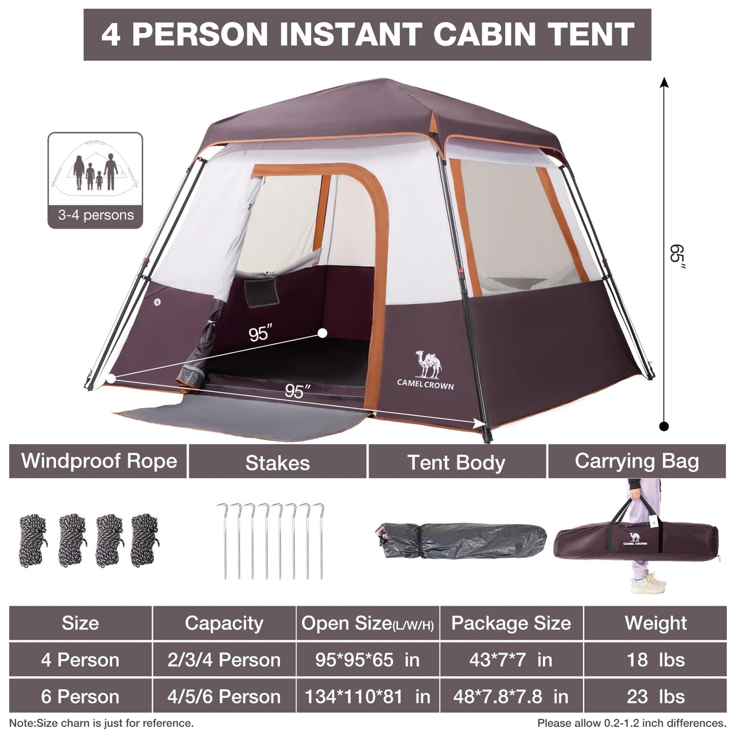 CAMEL CROWN 4/6 Person Instant Cabin Tent, Pop Up Windproof Tents for Camping, 60-Second Setup Family Tent with Carry Bag for Outdoor Hiking