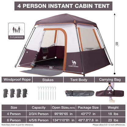 CAMEL CROWN 4/6 Person Instant Cabin Tent, Pop Up Windproof Tents for Camping, 60-Second Setup Family Tent with Carry Bag for Outdoor Hiking