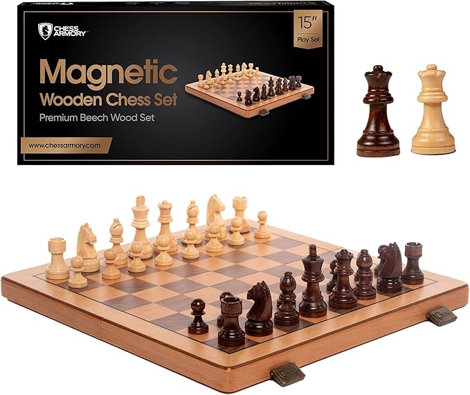 Chess Set Magnetic - Premium Wooden Board Game with a Portable Wood Case and Secure Storage for Pieces Set for Adults (Beech Wood) - Chess Armory