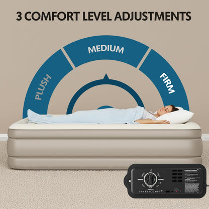 Simpli Comfy Twin Air Mattress with Built-in Patented Constant Comfort Dual Pump, 18" Raised Blow-up Colchon Inflable Mattress, Three Adjustable Firmness Settings, Self-monitoring Air Retention System