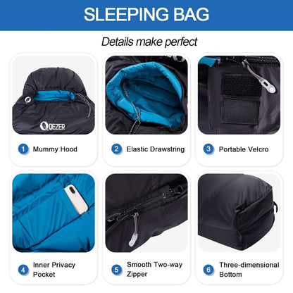 QEZER 0°F Cold Weather Sleeping Bag for Adults, Lightweight Backpacking Bag with Down Booties for Men and Women Keep Warm
