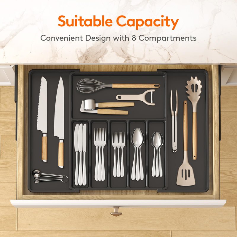 Lifewit Silverware Drawer Organizer, Expandable Utensil Tray for Kitchen, BPA Free Flatware and Cutlery Holder, Adjustable Plastic Storage for Spoons Forks Knives, 15- 27 x 18.5", Black