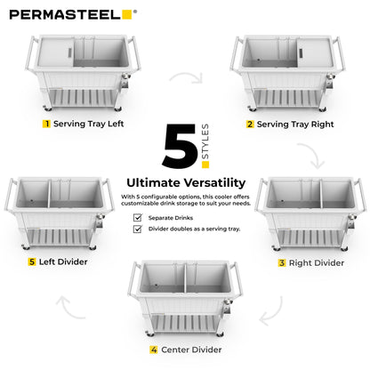 Permasteel Party Cooler with Divider, Spacious 80-Qt Capacity, Chills 36hrs, Serving Tray, Rolling Ice Chest for Indoor and Outdoor Entertainment, Matte White