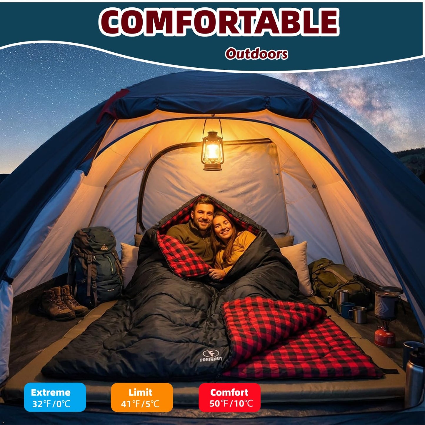FORINBUY 0 Degree Flannel Double Sleeping Bag for Adults, Couples or Family - Winter Queen Size Waterproof & Warm 2-Person Sleeping Bag for Cold Weather Camping, RV Travel