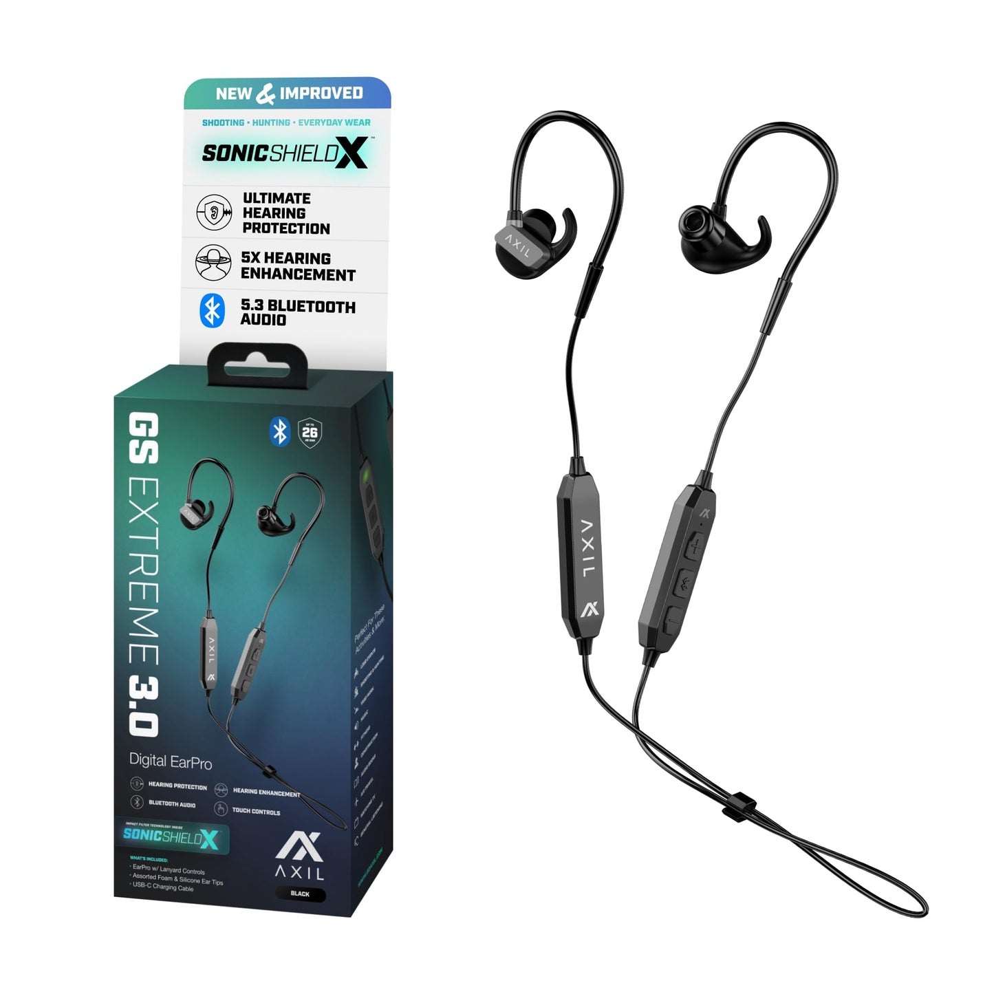 AXIL GS Extreme 3.0 Shooting Ear Protection – Black - Hearing Enhancement & Noise Isolation Bluetooth Earbuds – 5X Hearing Protection for Shooting, Travel, Work and Concerts