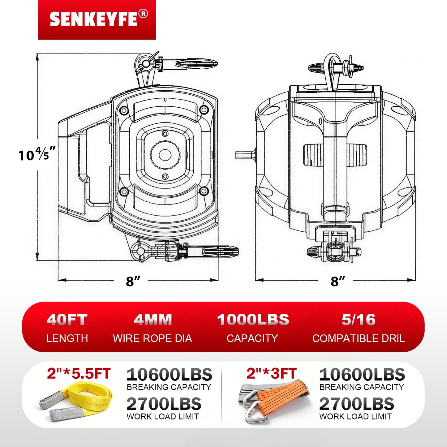 SENKEYFE Drill Powered Portable Winch 1000LBS, 40FT Portable Drill Winch w/D-Ring Strap & Tow Strap, New Anti-Twist Steel Wire Rope, Portable Handheld Drill Winch for Dragging Handling Trailer