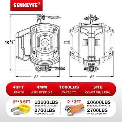 SENKEYFE Drill Powered Portable Winch 1000LBS, 40FT Portable Drill Winch w/D-Ring Strap & Tow Strap, New Anti-Twist Steel Wire Rope, Portable Handheld Drill Winch for Dragging Handling Trailer