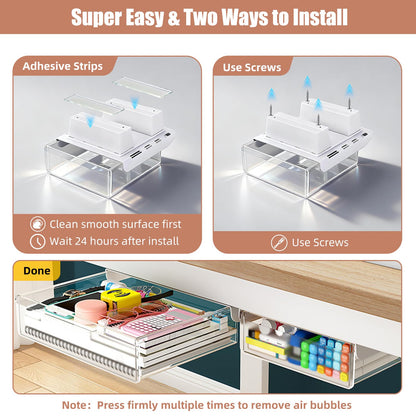 TooCust 3-Pack Under Desk Drawer for Desk with Frame & Beam, Fits Where Standard Drawers Can't, 52mm Heightened Slide Out Organizer, Dual Adhesive or Screw Mount, Clear PET Under Table Storage
