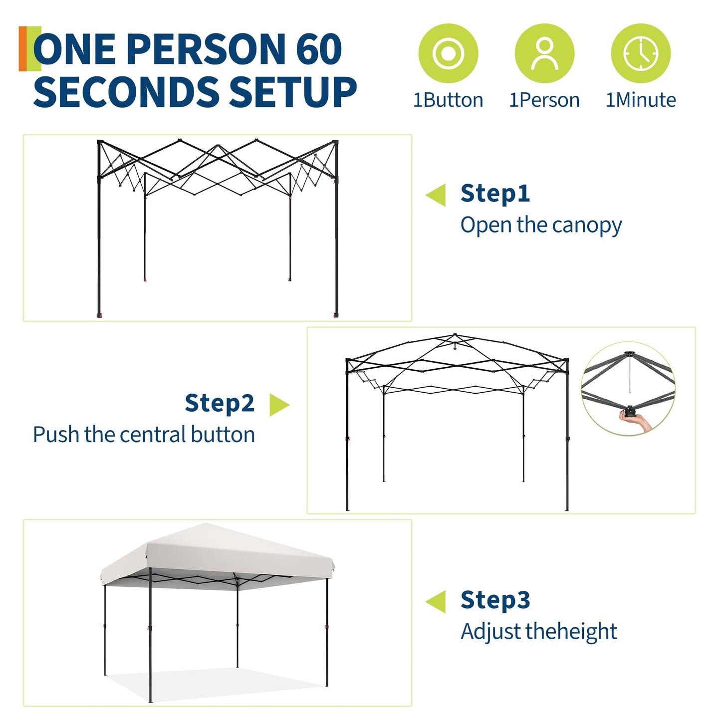10' x 10' Pop Up Canopy Tent, Commercial Instant Outdoor Shelter with 3 Adjustable Heights, Portable Gazebo with Wheeled Carry Bag for Patio, Deck, Garden, Beach and Camping