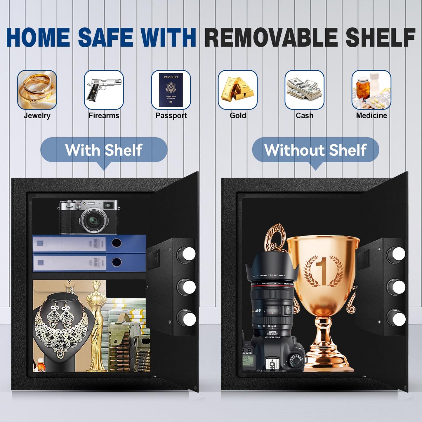 Fdsutvit Fireproof Home Safe Box- Steel Digital Combination Lock Security Box with Type-C Backup & Sensor Light, Key Lock Safety Box for House Office Documents Money Jewelry Handgun - Black 2.8 Cu Ft