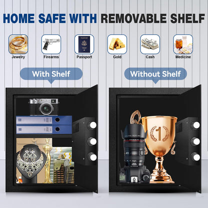 Fdsutvit Fireproof Home Safe Box- Steel Digital Combination Lock Security Box with Type-C Backup & Sensor Light, Key Lock Safety Box for House Office Documents Money Jewelry Handgun - Black 3.2 Cu Ft