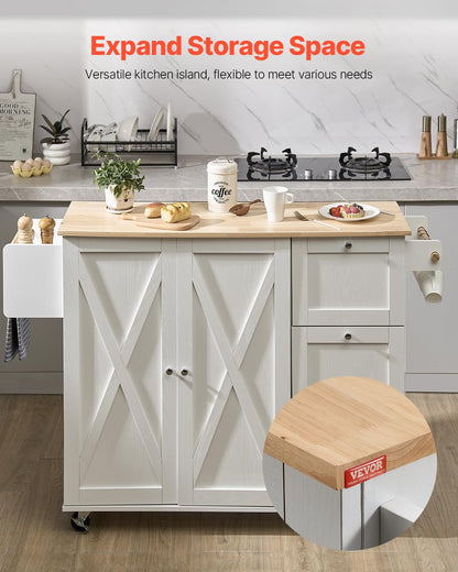 VEVOR Kitchen Island Cart, 45.3x39 inch Rolling Kitchen Table, Mobile Carts with Storage Cabinet and Solid Wood Top, Portable Islands with Wheels, Spice Rack, Towel Rack, Drop Leaf and Drawer, White