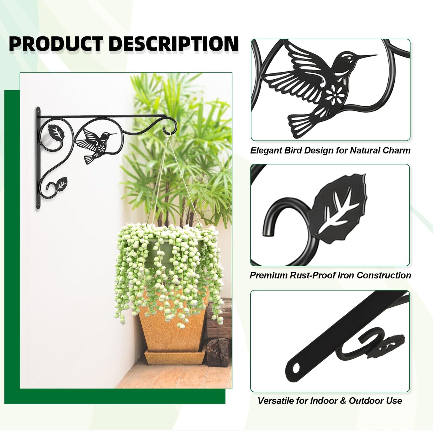 Skiennix Plant Hooks - Sturdy 12-Inch Metal Wall Hangers for Indoor/Outdoor Decor | Black